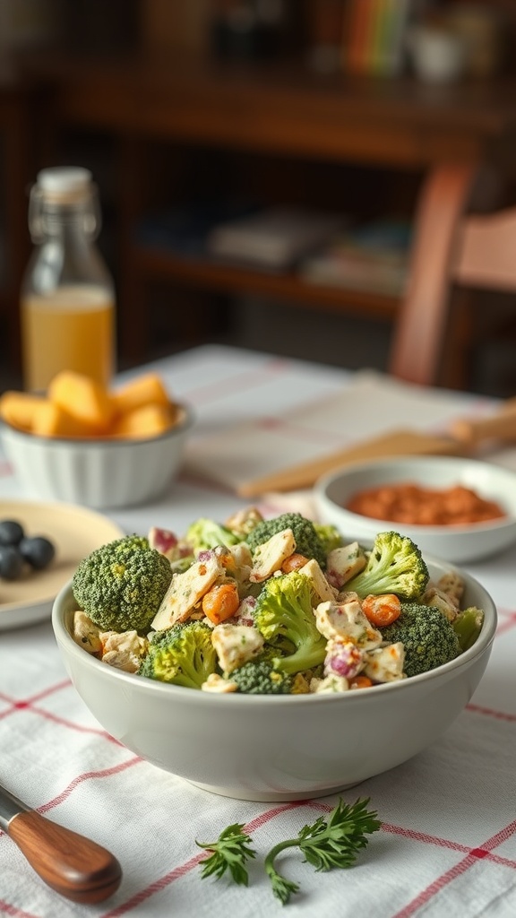 A bowl of traditional broccoli salad with broccoli florets, shredded carrots, and a creamy dressing.