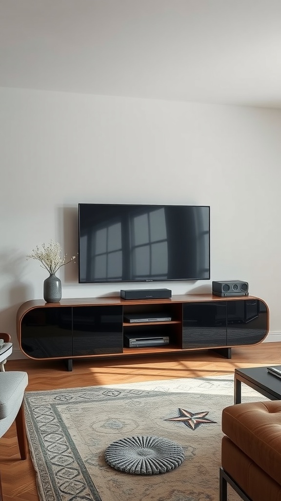 A modern living room featuring a stylish TV unit with a large flat-screen TV, built-in speakers, and a sleek design.