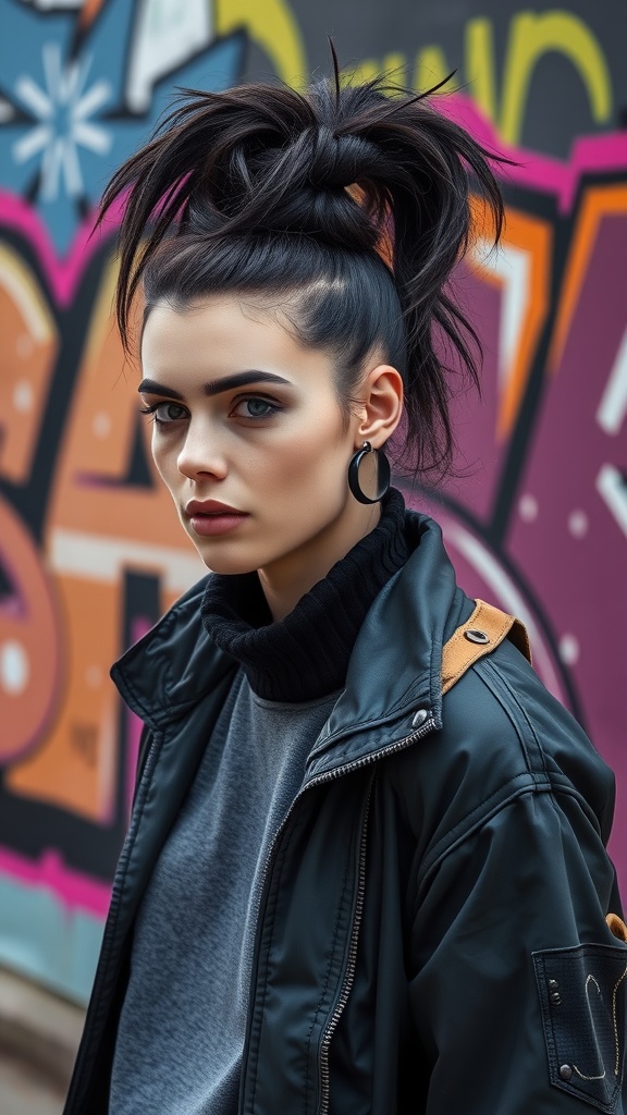 A young woman with a high textured ponytail against a colorful graffiti background.