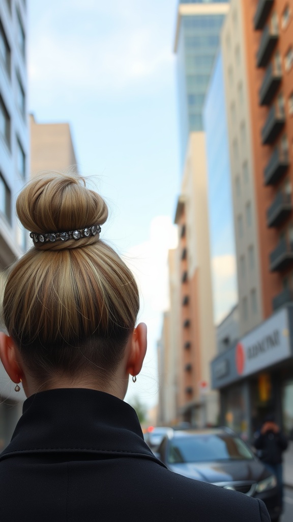 A high top knot hairstyle secured with a claw clip, viewed from the back in an urban setting.