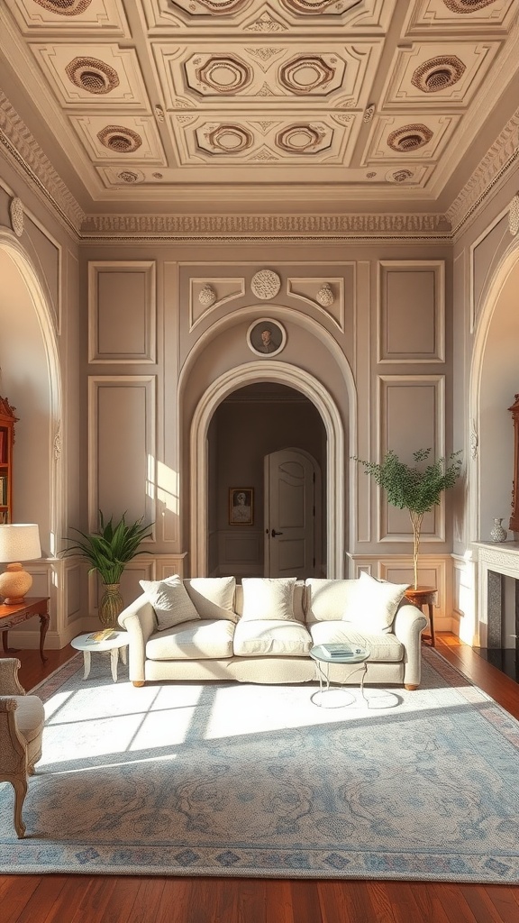 Elegant living room with detailed architecture and natural light
