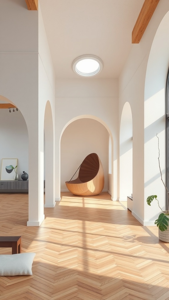 Interior design featuring arches, wooden beams, and a cozy chair with natural light.
