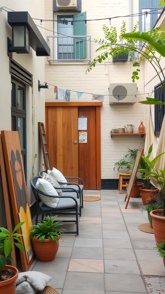 A small patio featuring wooden doors, stone flooring, and potted plants.