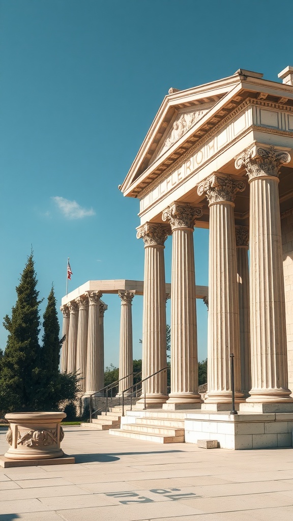 Neoclassical architectural elements with columns and a clear blue sky.