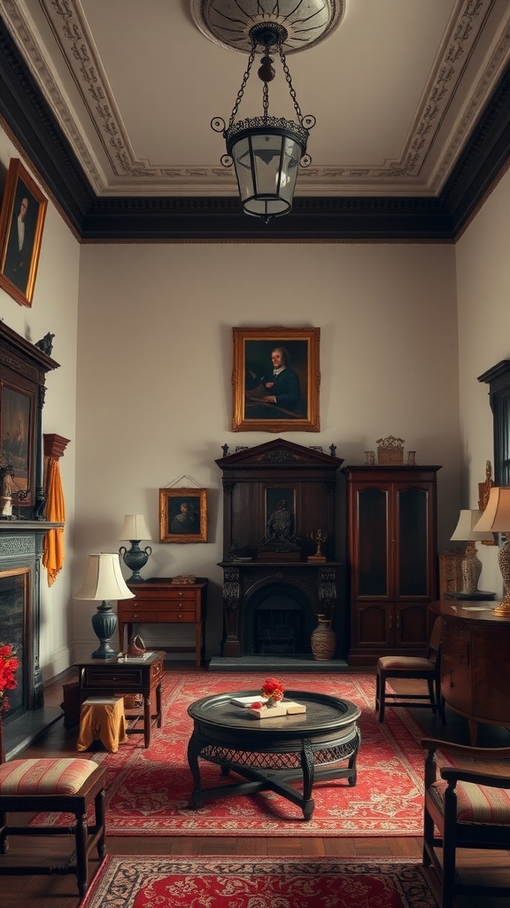 A classic colonial chic interior featuring vintage furnishings and rich wood tones.