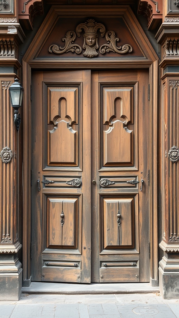 An intricately designed wooden double door with detailed carvings and a decorative arch.