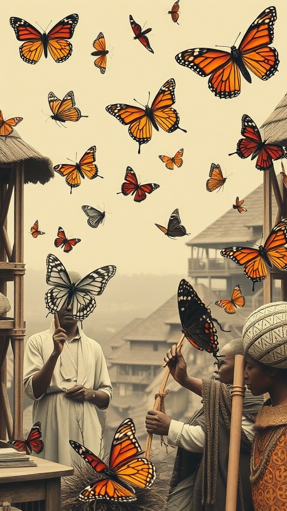 A group of people surrounded by butterflies, illustrating the lightness and freedom associated with butterfly locs.
