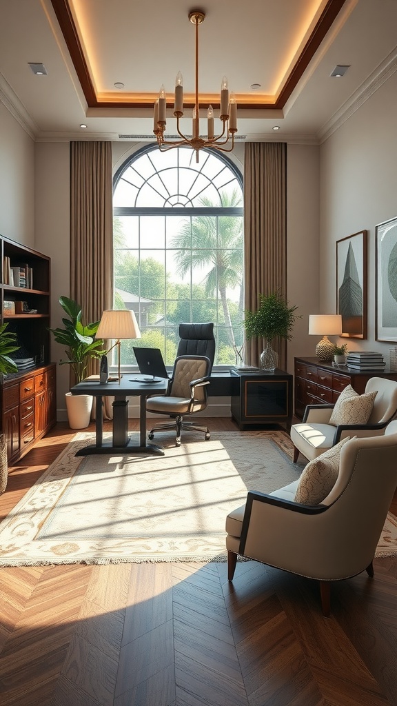 Luxurious home office with elegant furnishings and natural light.