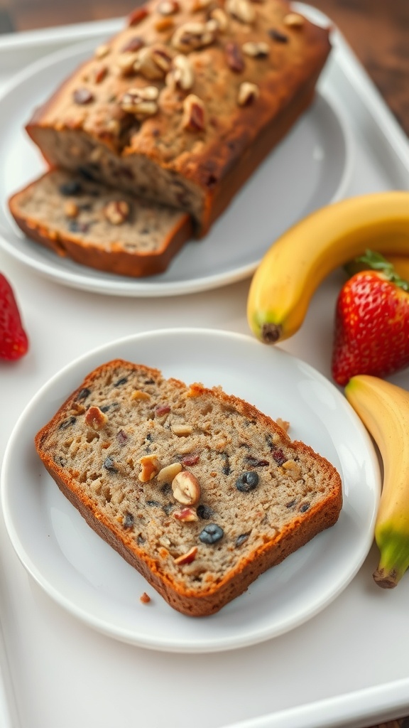 A slice of homemade banana bread with nuts on a white plate next to fresh bananas and strawberries.