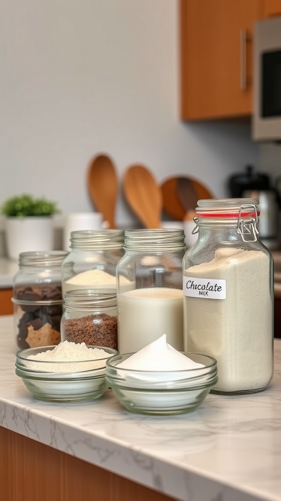 A variety of ingredients for chocolate cake mix, including jars of flour, cocoa powder, sugar, and milk.
