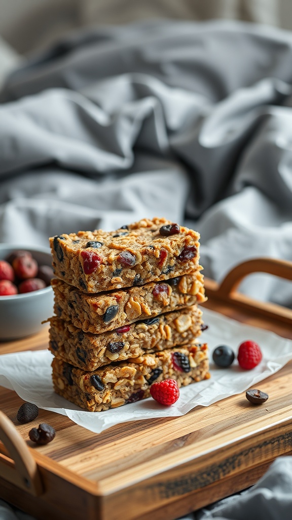 Homemade granola bars stacked on a wooden tray, surrounded by fresh berries.