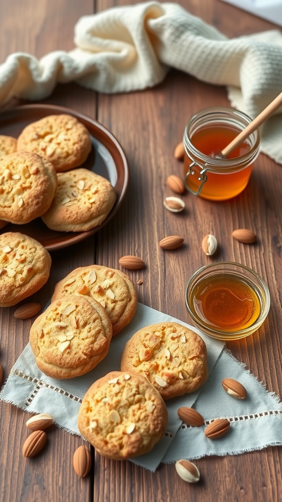 A plate of golden honey almond keto biscuits with almonds and a jar of honey