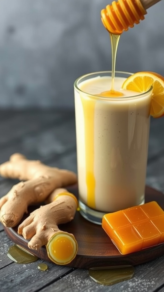 A glass of honey and ginger smoothie with fresh ginger and honey on the side.