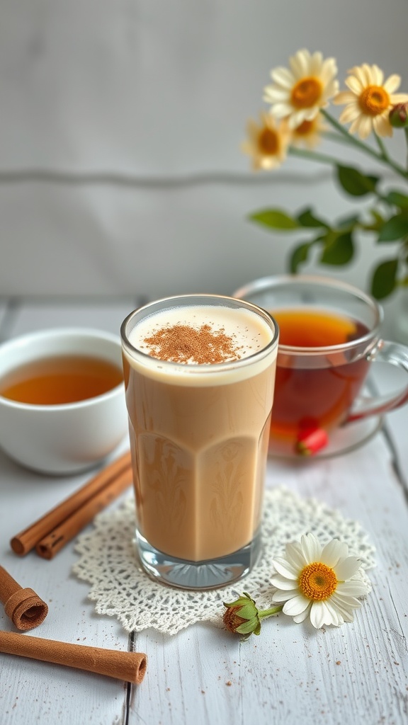 A soothing honey cinnamon smoothie in a glass, surrounded by cinnamon sticks and a cup of tea.
