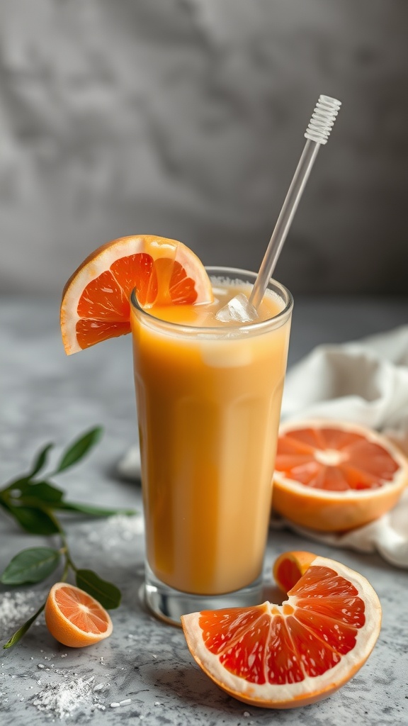 A refreshing honey grapefruit smoothie served in a tall glass with grapefruit slices.