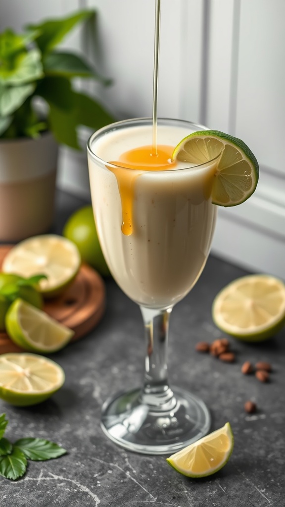 A refreshing honey lime fiber smoothie in a tall glass with lime wedges and honey drizzling on top.