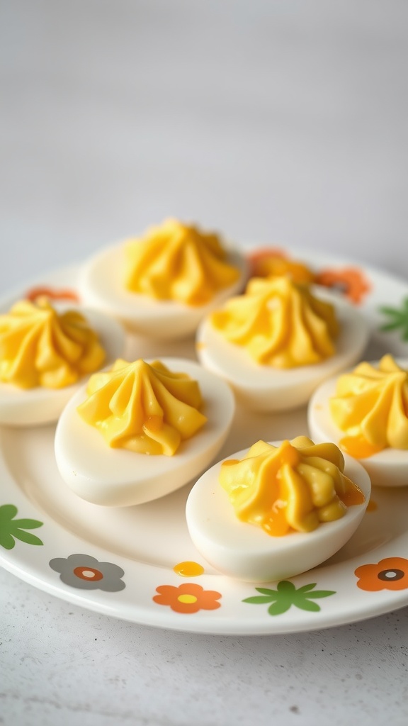 A plate of beautifully presented honey mustard deviled eggs.