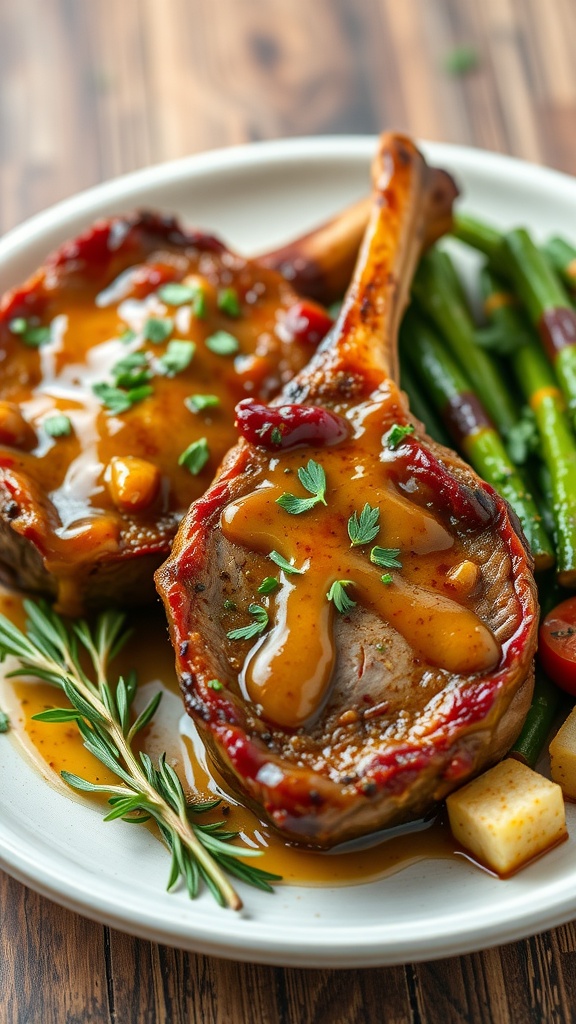 Honey mustard glazed lamb chops served with fresh herbs and vegetables.