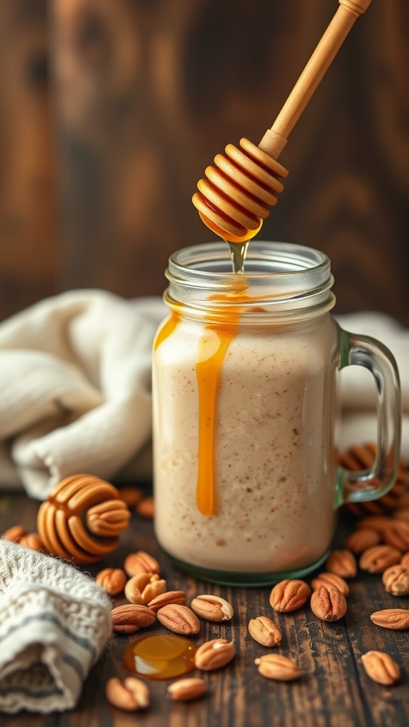 Honey Nut Coffee Smoothie in a jar with honey drizzle and nuts around