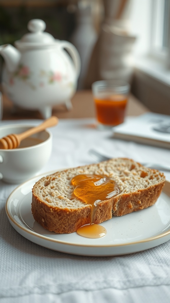 Slice of gluten-free bread with honey drizzling on top