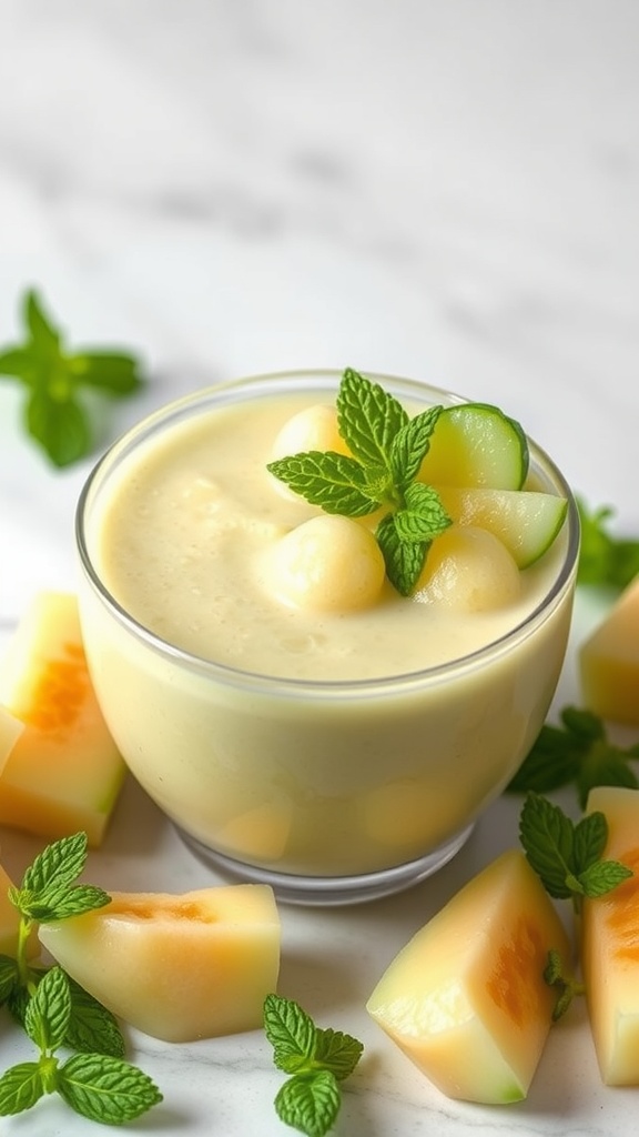 A refreshing honeydew melon smoothie garnished with mint leaves, served in a clear glass with melon pieces around it.