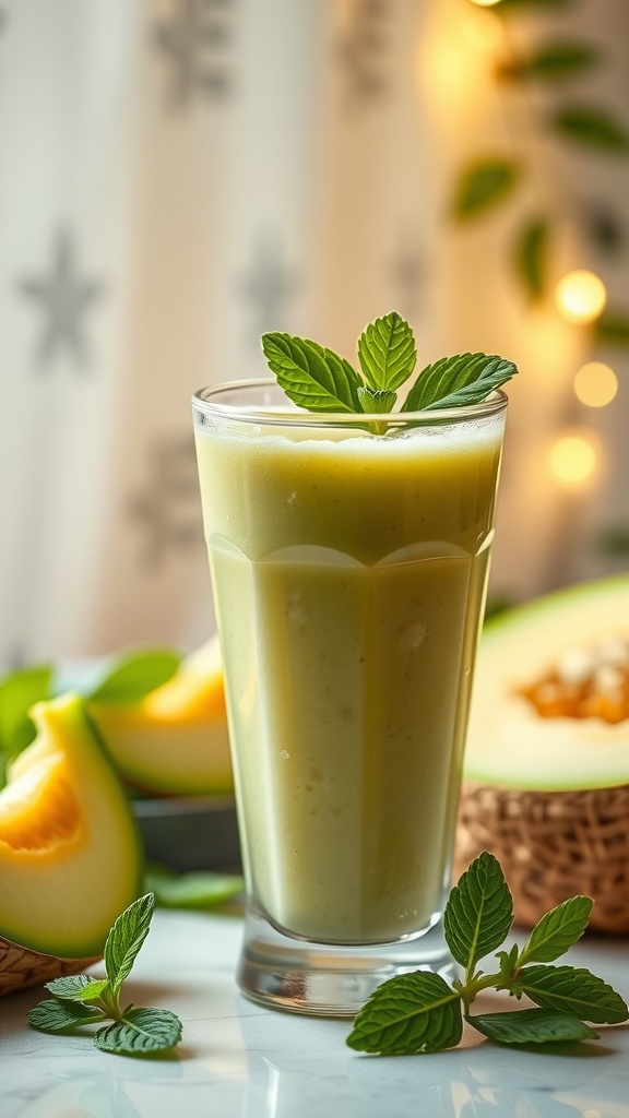 A refreshing honeydew melon smoothie in a glass, garnished with mint leaves.