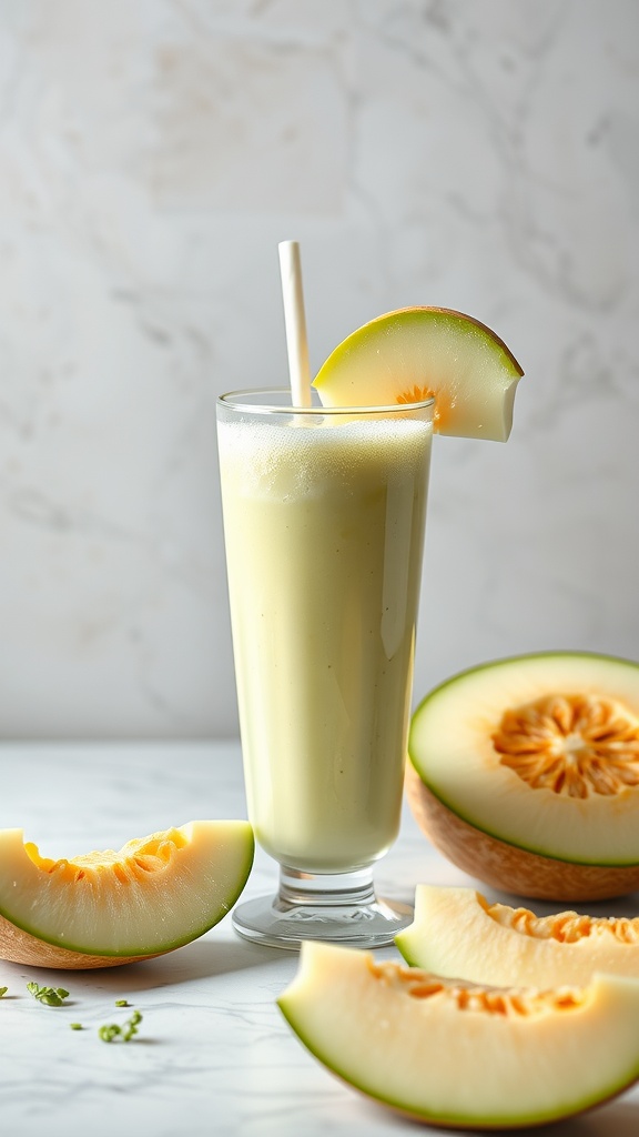 A refreshing honeydew melon smoothie served in a tall glass with a slice of honeydew on the rim, surrounded by fresh honeydew melon slices.