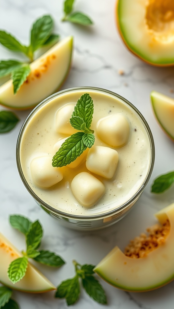 A refreshing honeydew mint smoothie bowl topped with mint leaves and fruits.