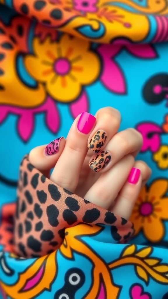 A hand with hot pink nails and animal print designs, against a colorful floral background.