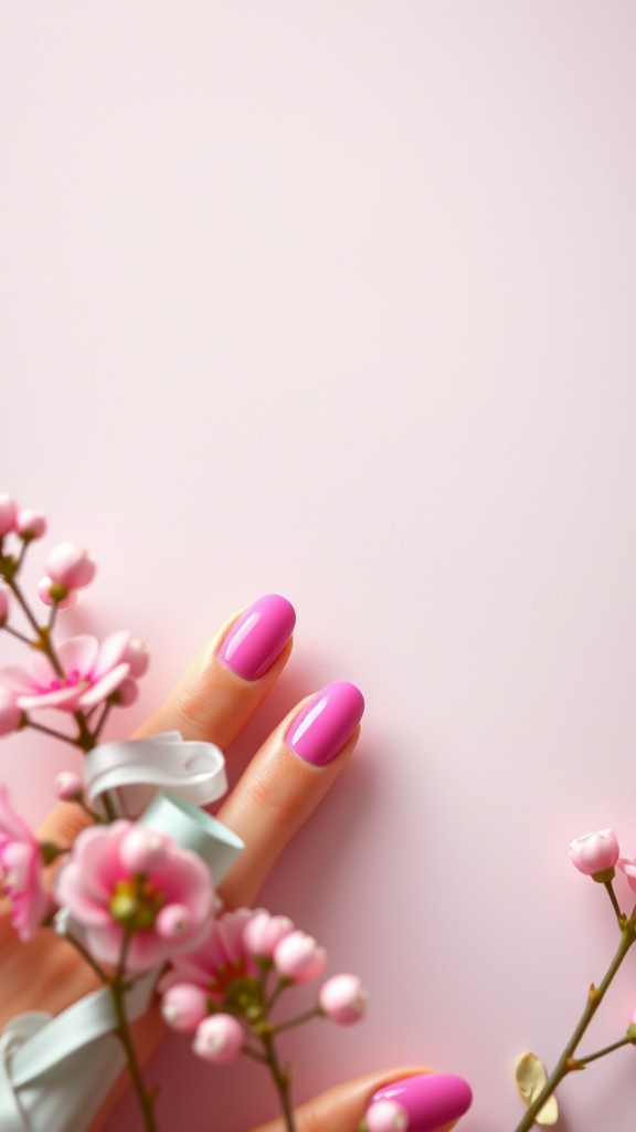 A close-up of hot pink nails with pastel flowers and a ribbon.