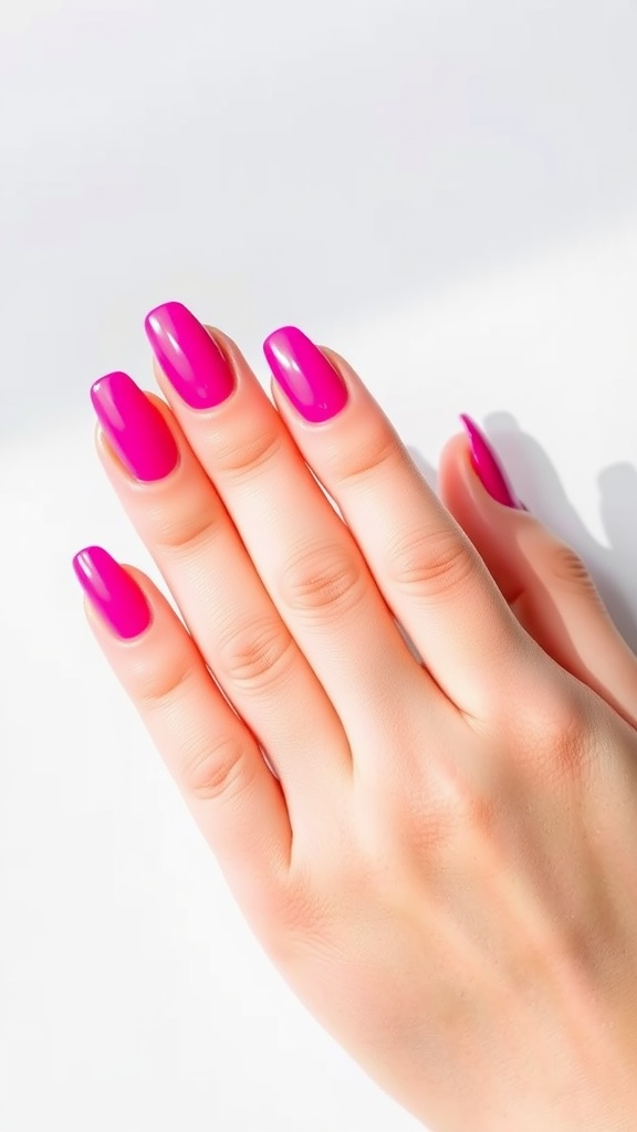 A close-up of a hand displaying hot pink French tip nails against a light background.