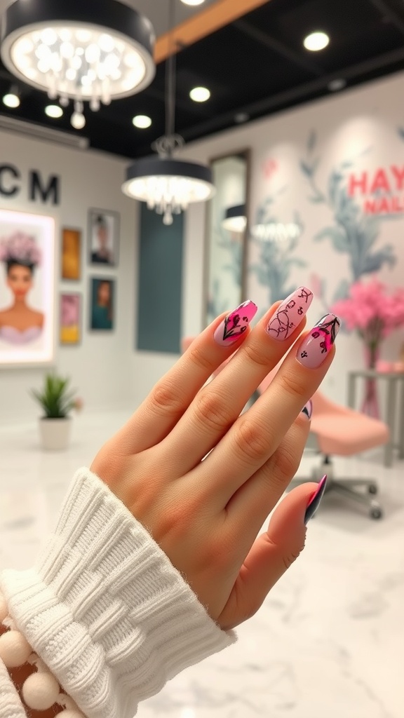 A hand showcasing hot pink gel nail art with floral designs
