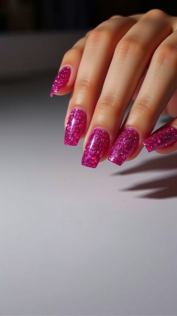 A hand with hot pink glitter nails.