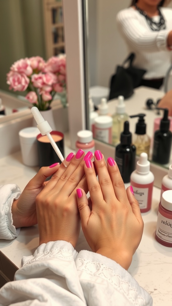 A close-up of hands with hot pink nails, showcasing nail care products and a mirror.
