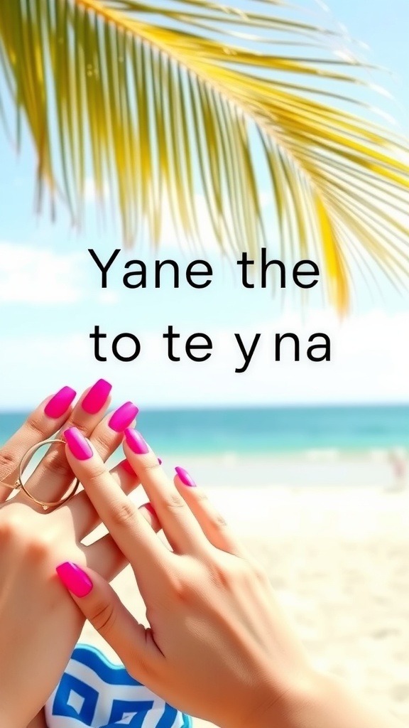 Close-up of hands with hot pink nails against a beach background