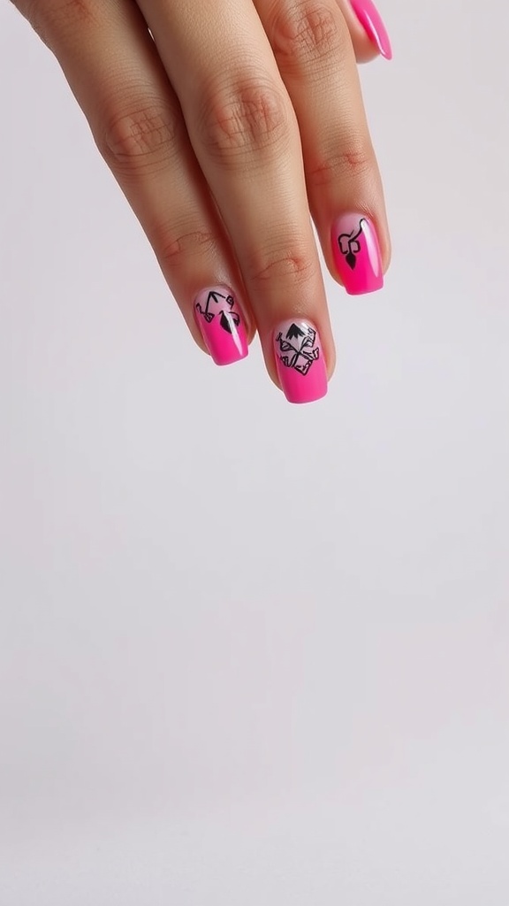 A hand with hot pink nails featuring artistic patterns like hearts and arrows.