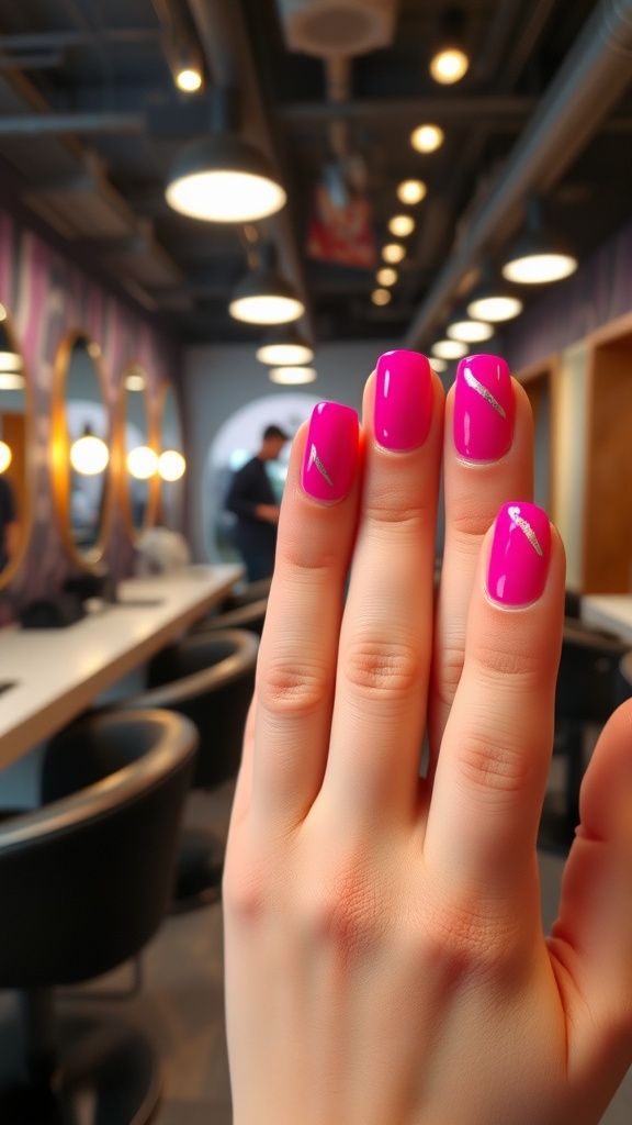 A hand with hot pink nails featuring metallic stripes, set in a salon environment.