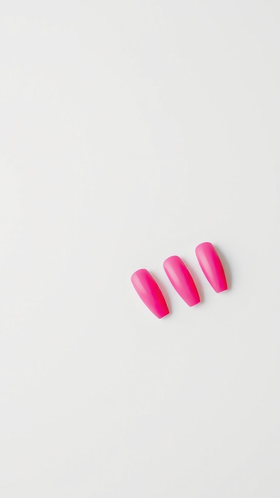 Three hot pink nails with a minimalistic design on a white background.