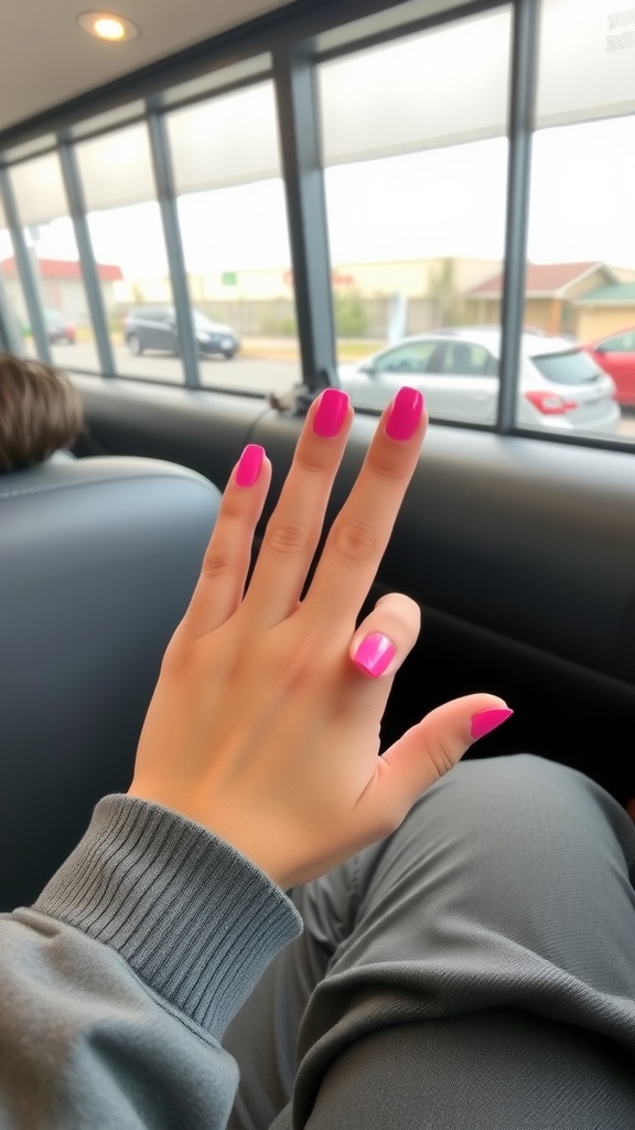 A hand with hot pink Shellac nails.