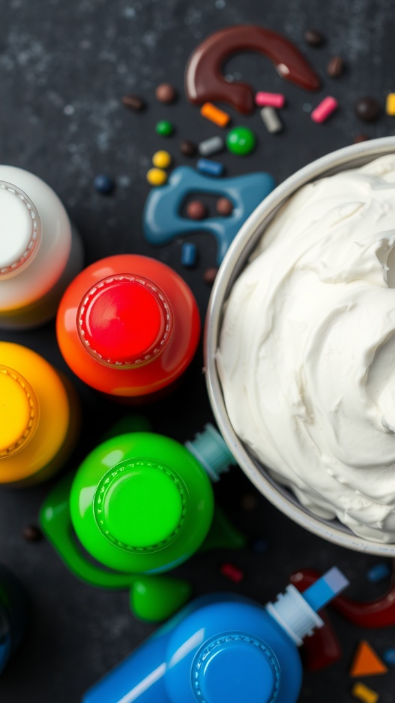 Colorful cream cheese frosting in a bowl with food coloring bottles around it.