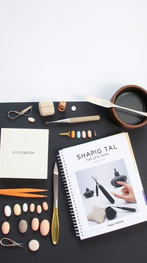 A collection of nail shaping tools and a guidebook for at-home nail care.