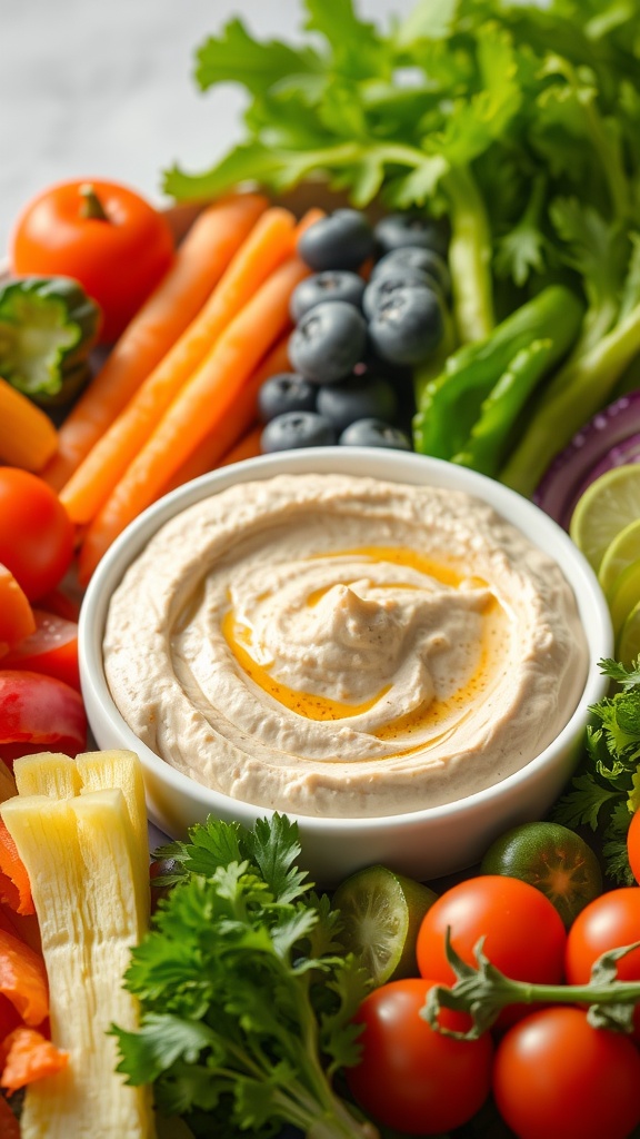 A bowl of hummus surrounded by colorful fresh vegetables for dipping.