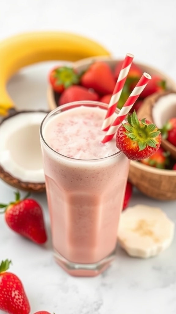 A refreshing strawberry banana smoothie served in a tall glass with a straw, surrounded by fresh strawberries and a banana.