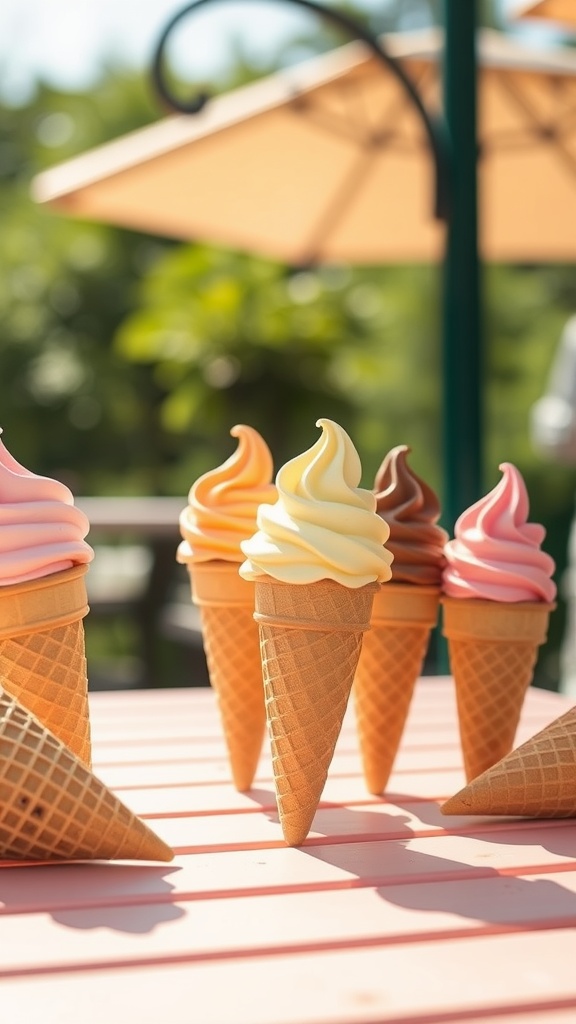Nail art design featuring ice cream cones with colorful scoops