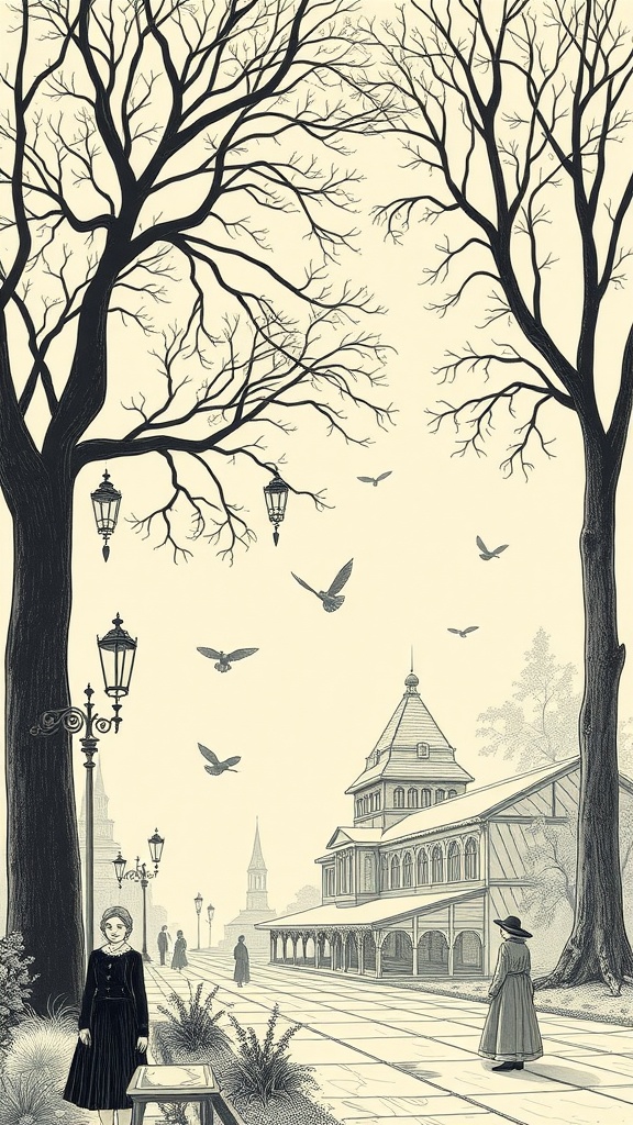 A monochrome illustration depicting a street scene with trees, lampposts, and figures in vintage clothing.