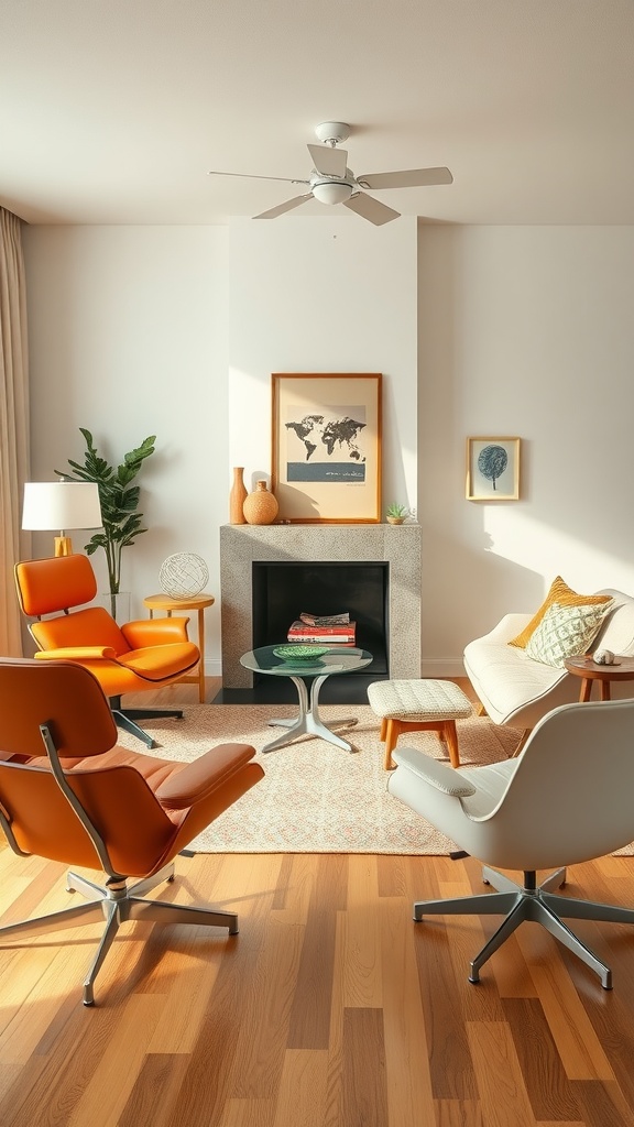 A stylish retro futurism living room featuring Eames and Saarinen furniture.