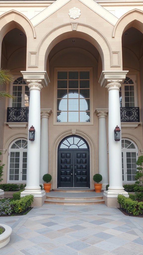 An entrance featuring tall columns, a grand doorway, and lush greenery, showcasing classic architectural design.