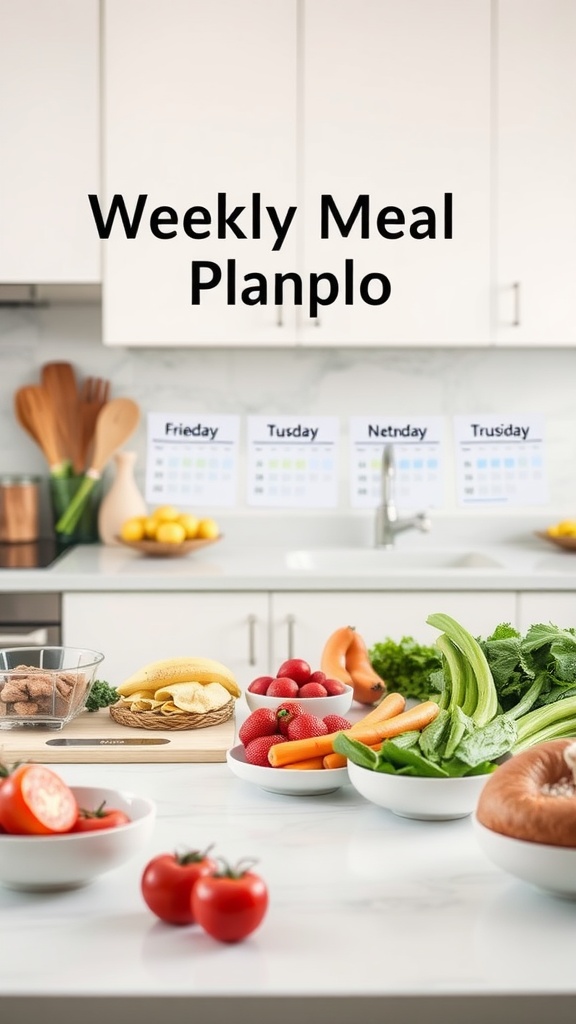 A neatly arranged kitchen countertop displaying a variety of fruits and vegetables alongside a weekly meal plan.