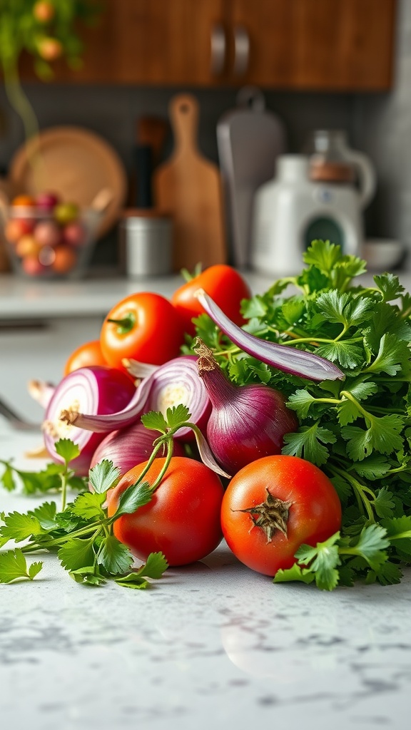 Fresh vegetables including tomatoes, red onions, and cilantro, essential for a delicious lomo saltado.