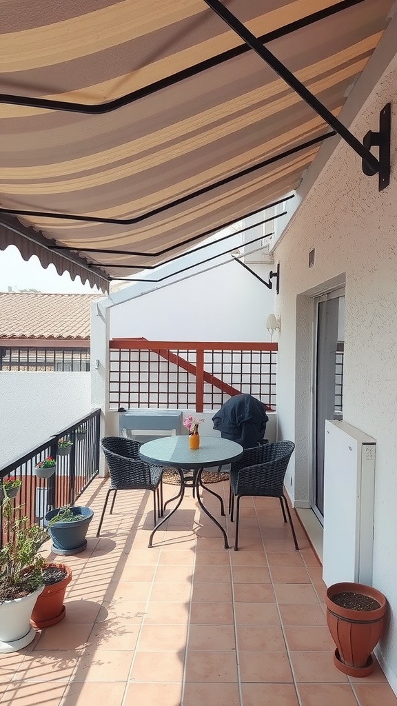 A small patio featuring a round table and chairs, shaded by a striped canopy.
